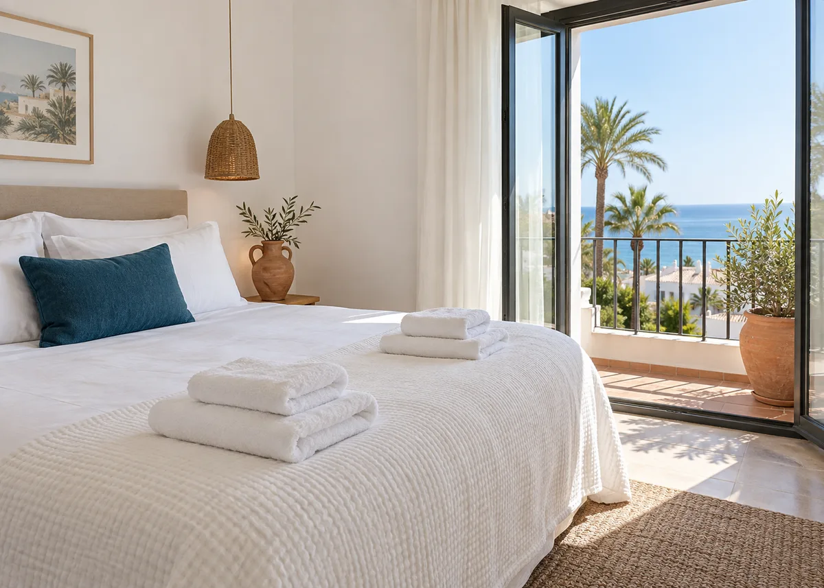 Illustrative holiday apartment with freshly made bed and folded towels